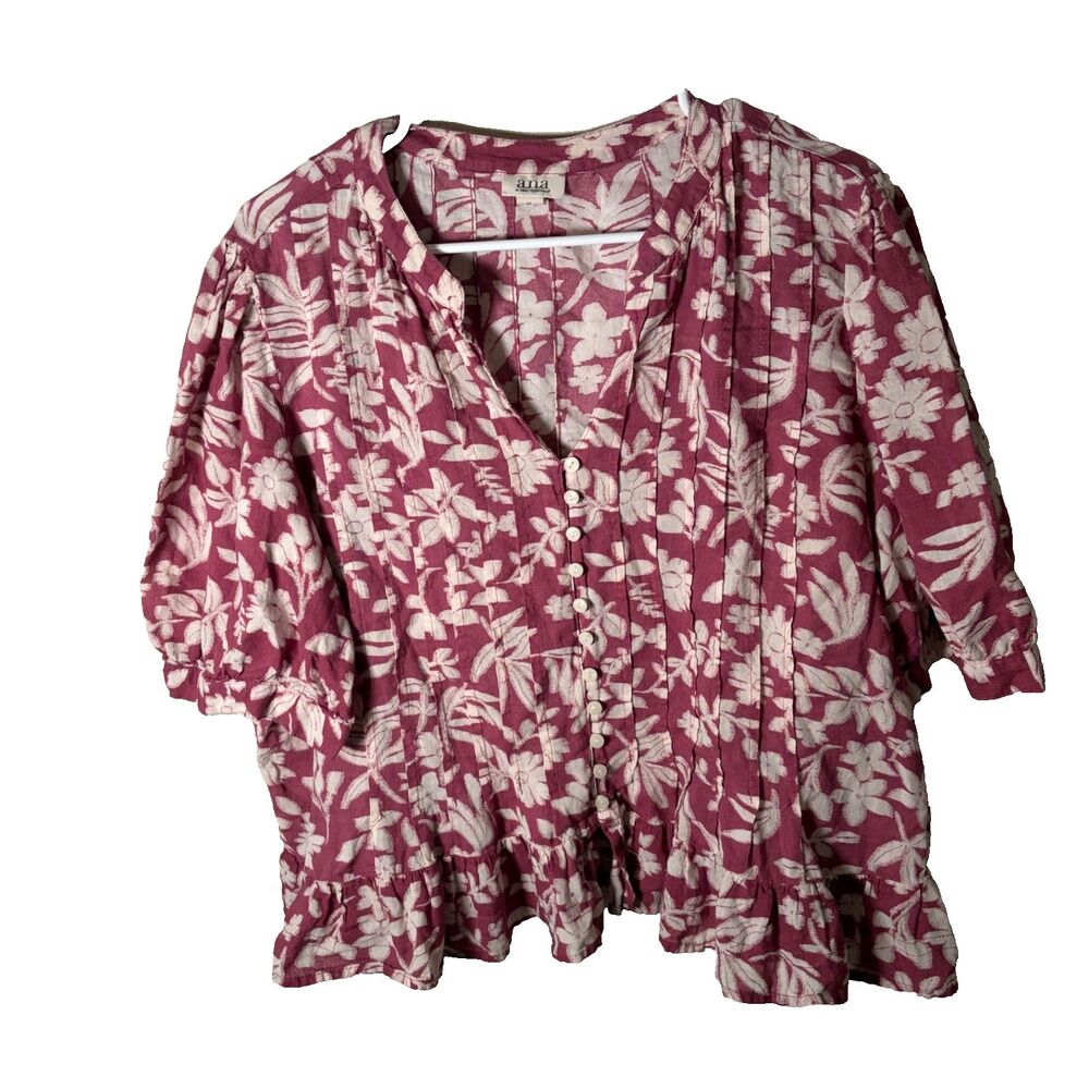 ANA Blouse Women's XL Cotton Button Up Short Sleeve Purple Floral Top Shirt